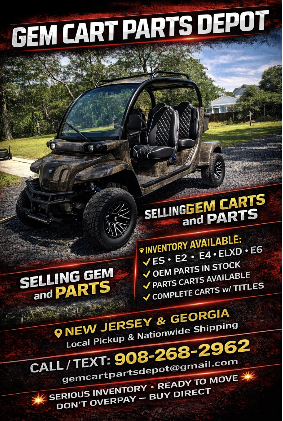 GEM Cart Parts Depot current inventory listing models ES, E2, E4, ELXD, E6 with contact details