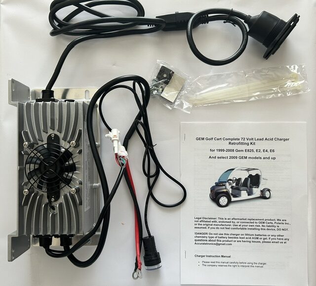 Complete 72V GEM smart charger retrofit kit laid out — charger unit, wiring harness, AC charging socket, LED indicator, install hardware, and manual