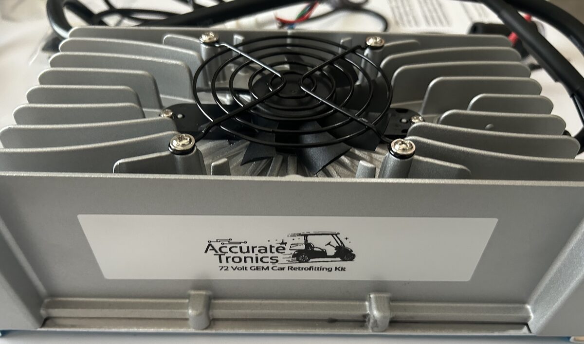 Accurate Tronics 72 Volt GEM Car retrofitting kit label on the charger